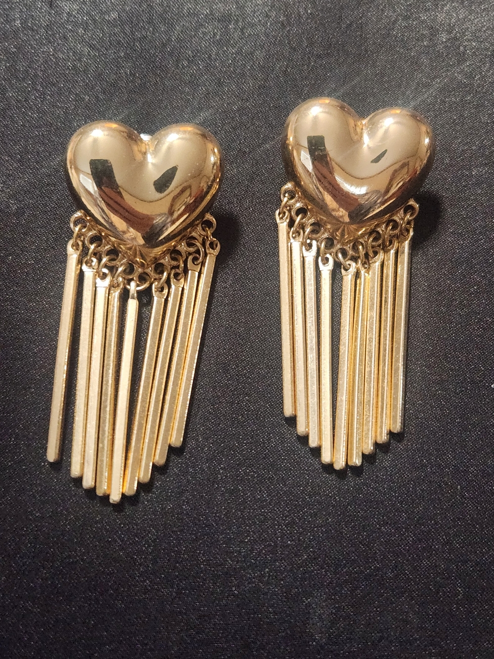 ​Vintage Gold Tone Puffy Heart Fringe Tassel Dangle Statement Earrings